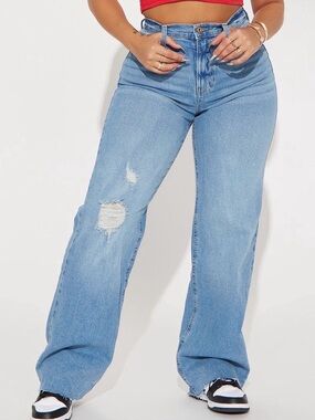 Fashion Nova Light Blue High-Rise Wide Leg Distressed Jeans